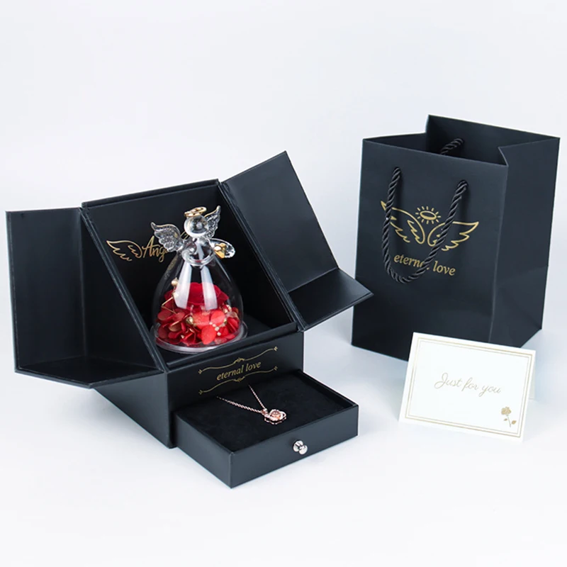 Mothers Day Gifts Double-Open Jewelry Gift Box Eluxury Ternal Rose Jewelry Box Angel Preserved Rose In Glass Dome for Women