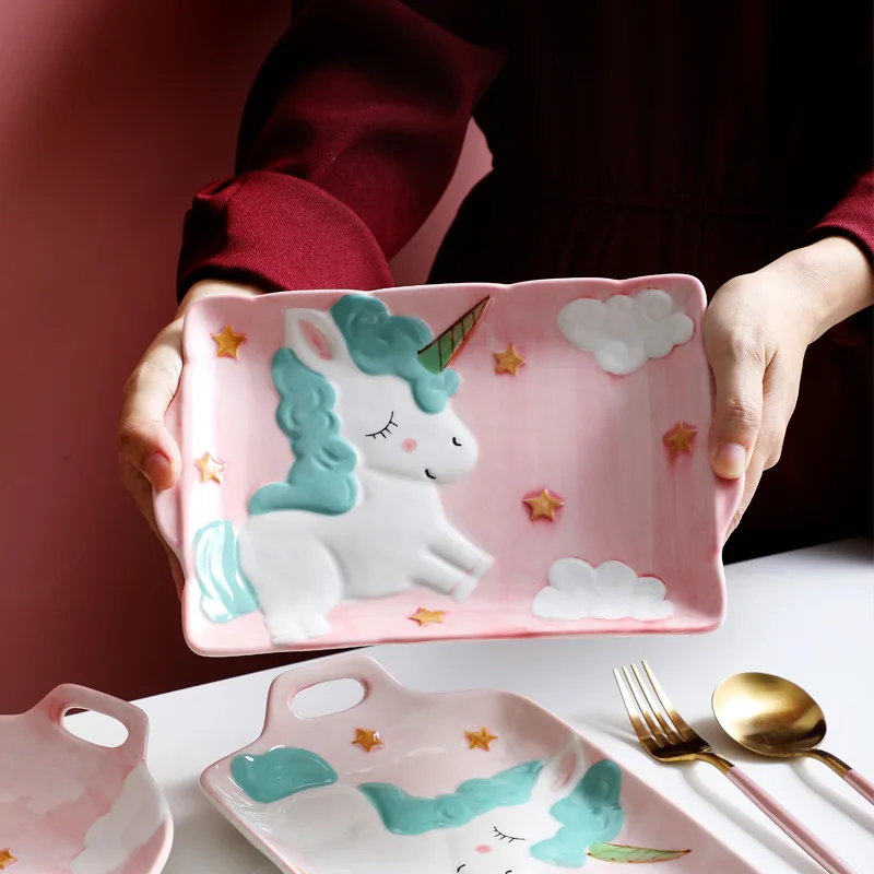 Мультяшные тарелки для столовой посуды, креативный набор керамической посуды с ручной росписью, единорог, миска для риса, ложка, тарелка, бытовые столовые приборы