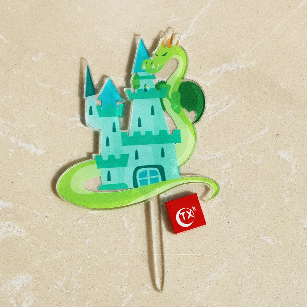 
TX UV Printing Castle Of Princess and Prince With Dragon On It Acrylic Cake Topper For Kids Party Cartoon Suppliers 