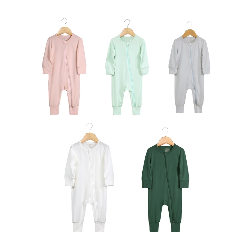 Newborn Baby Double Zipper Romper  long sleeve Solid baby Covered hands and feet Pajamas wholesale bamboo baby romper