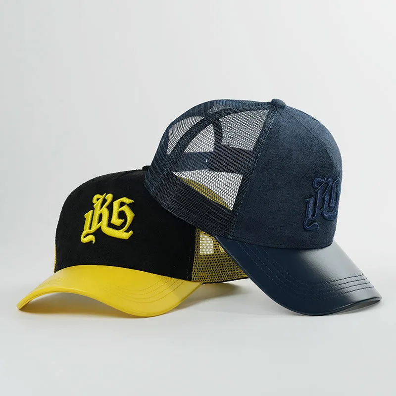 New Arrival OEM Suede Custom Embroidery High Quality Mesh Trucker Hat With Leather Brim