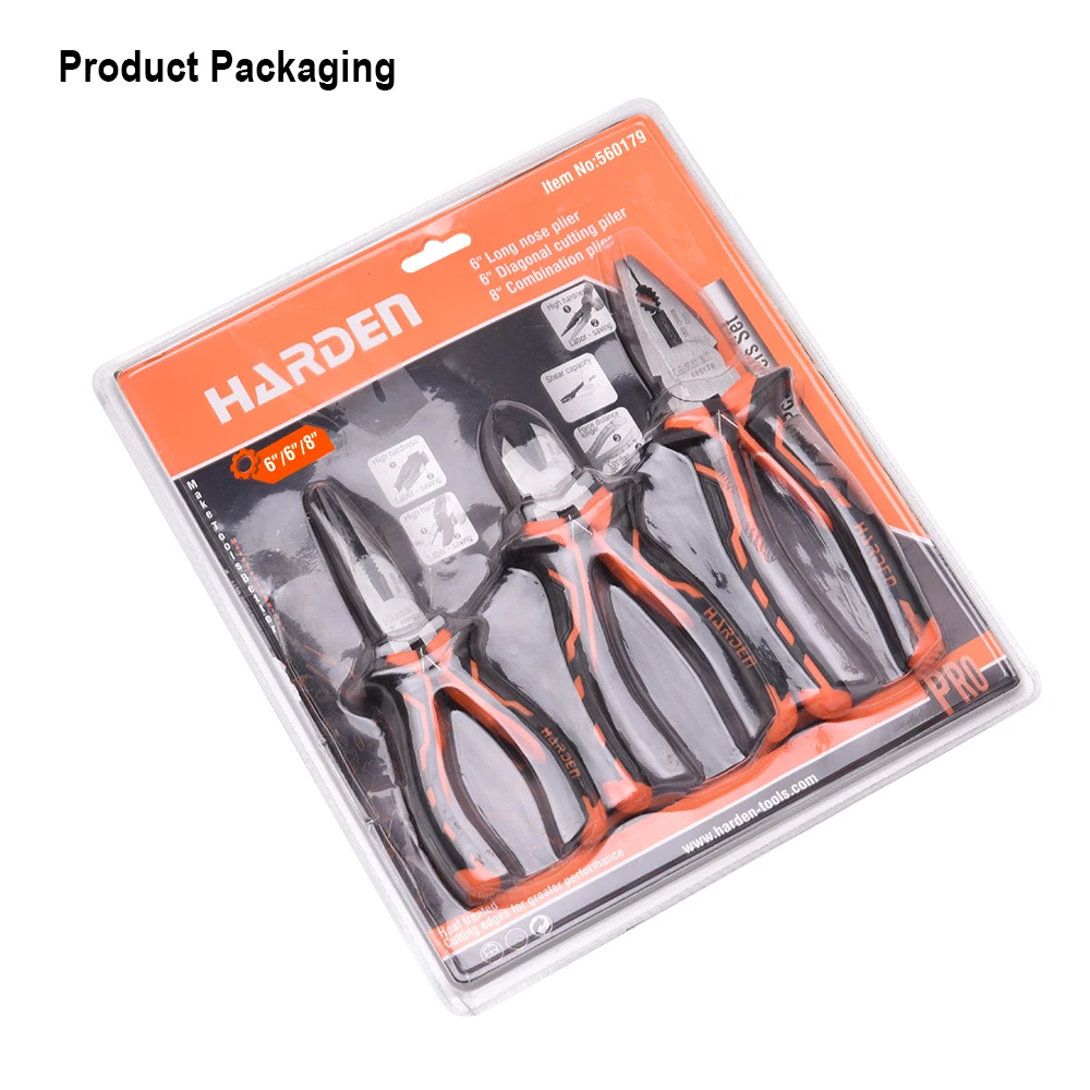 HARDEN Professional 3pcs Set Long Nose Pliers Combination Plier Cutting Plier 200mm Carbon Steel with OEM Customization Support