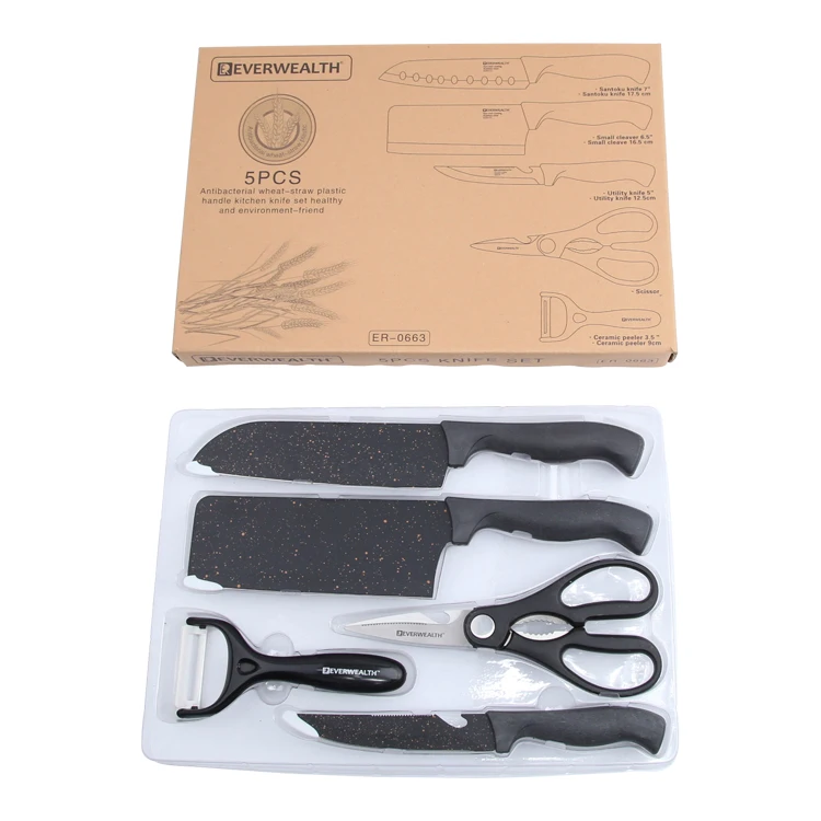 Kitchen Knife Set of 5 Wheat Straw Stainless Steel Kitchen Knife Set With Scissors and Ceramic Peeler