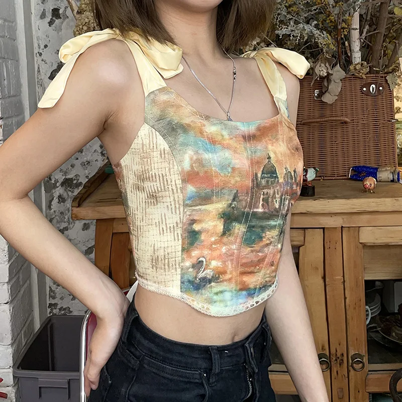 Vintage Corset for Women Green Corset Tops Women Lace Up Sexy Boned Fairy Oil Painting Top