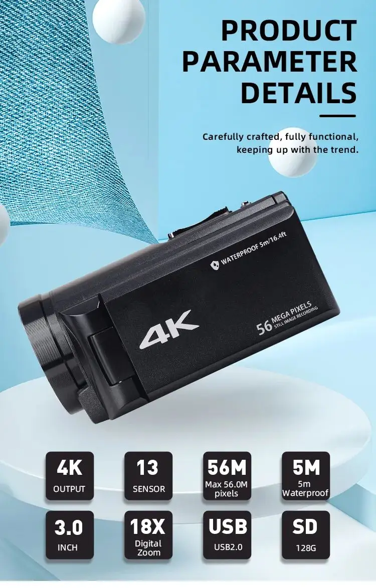 4k Экшн-камера HD Водонепроницаемая 56MP CMOS 4K 30fps Спортивная