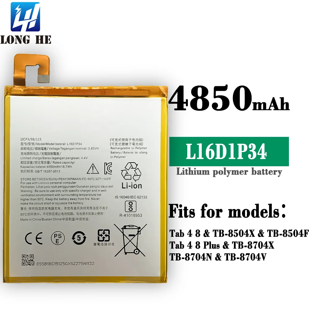 
4850mAh L16D1P34 100% Original Li-ion Polyer Rechargeable battery For Lenovo Tab 4 8 TB-8504X TB-8504F Tab 4 8 Plus 