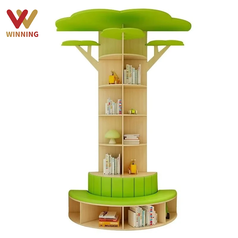 Winning Popular Design Reading Tree Bookshelf Kids Library Reading Wooden Kindergarten Classroom Daycare Furniture Set
