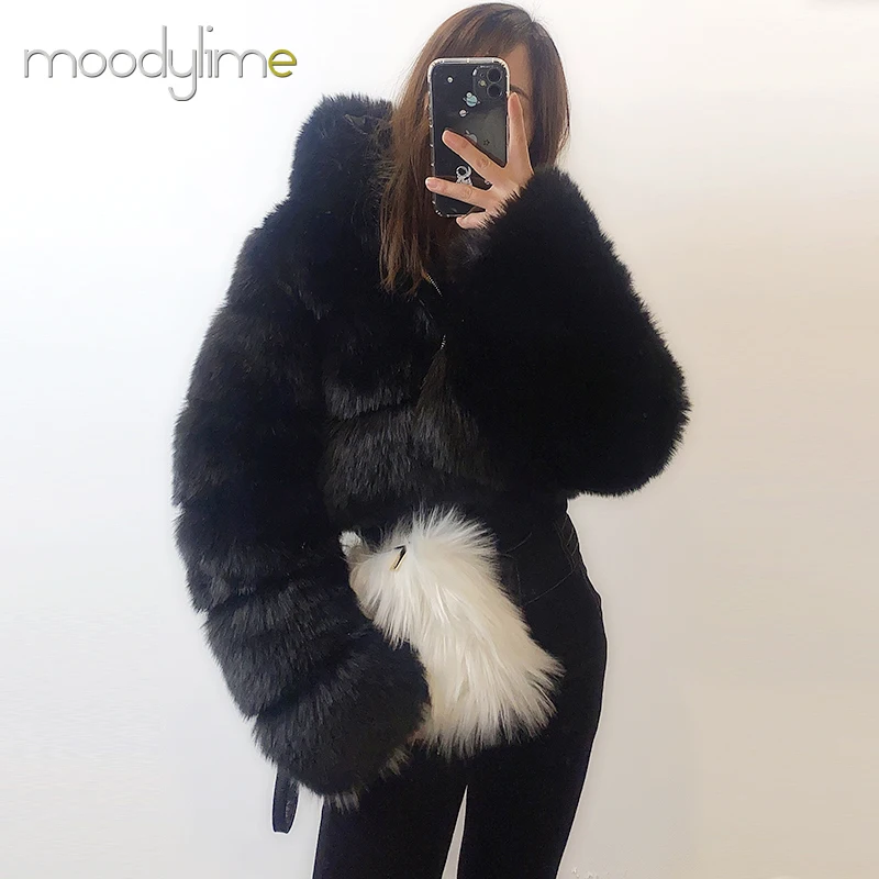 Moodylime Custom Pink White Red Blue Brown White Purple Eco Natural Mink Fox Croptop Women Fur Coat