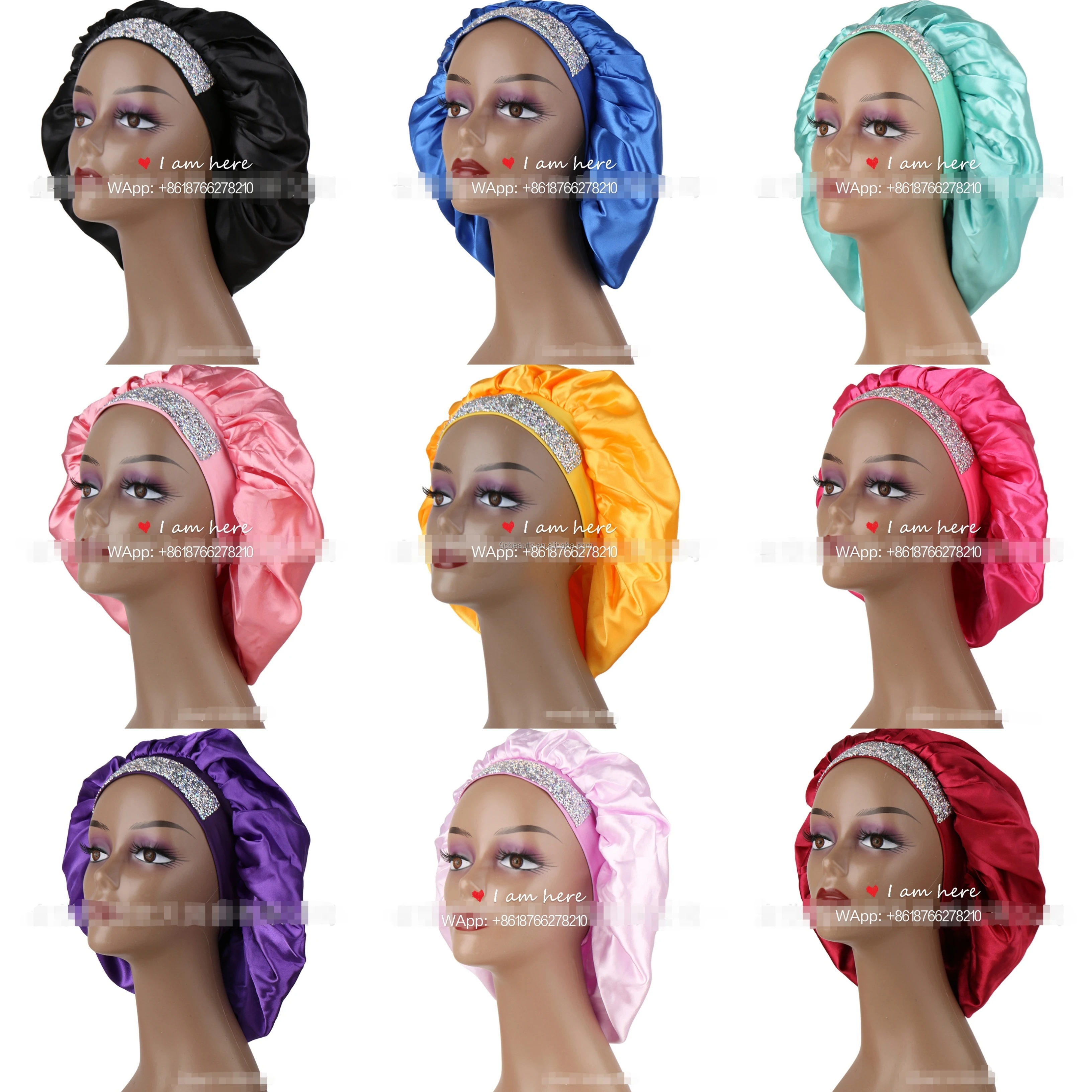 High quality double layer satin lining wholesale bling diamond rhinestone bonnet