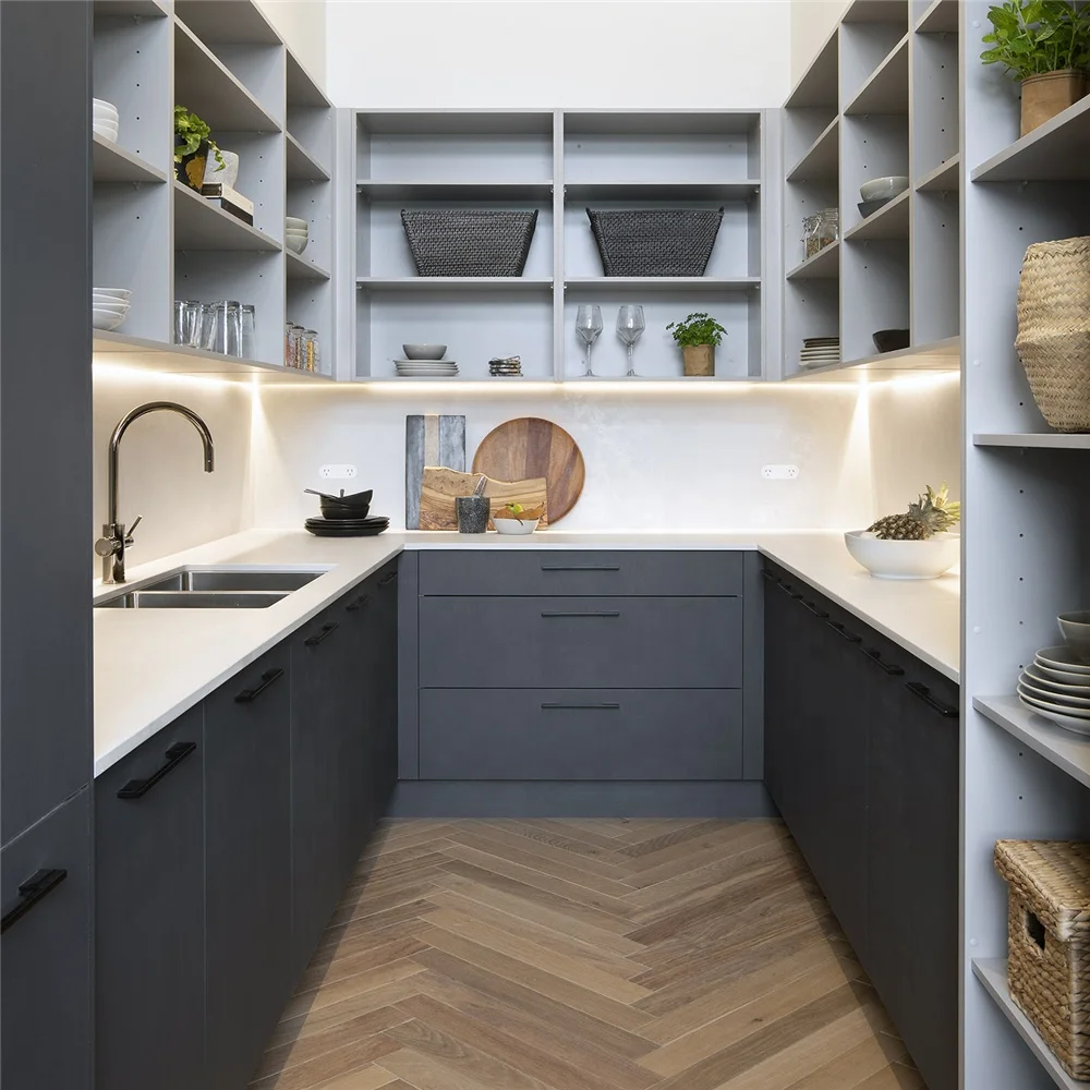 PA foshan  modern island grey pvc shaker storage kitchen cabinet