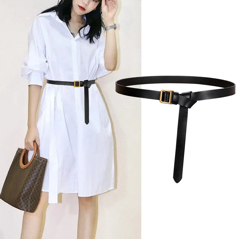 Top Quality Simple Designed Knot Genuine Leather Belts For Women Antique Gold Letter Buckle Waistband