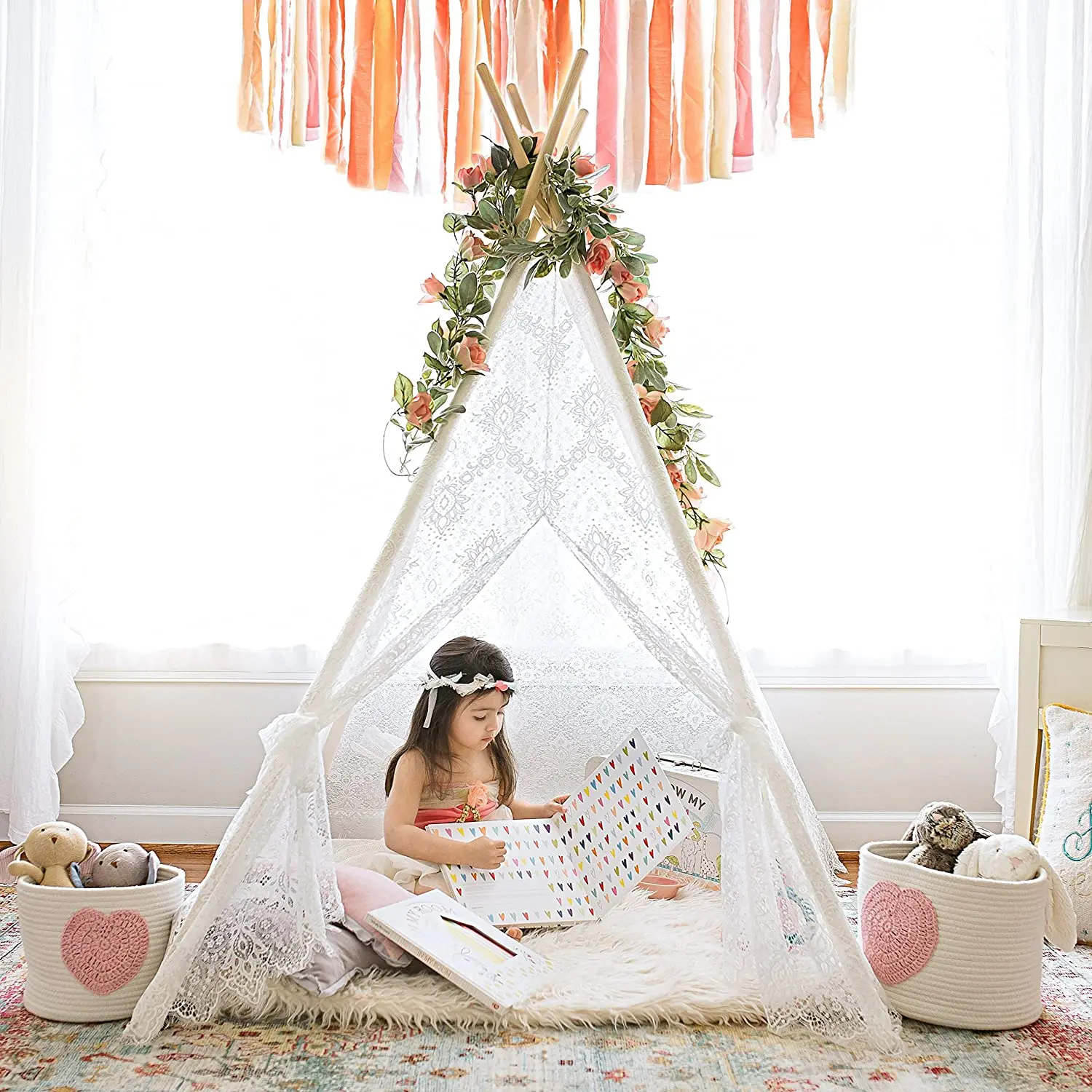 Kids Teepee Tent Lace Toy Tent Indoor&Outdoor Children Playhouse Luxury Lace Tent for Wedding Party Photo Prop Lace Canopy