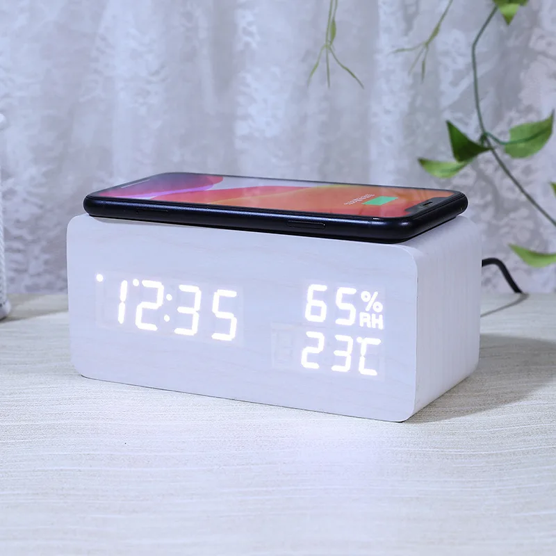 Product wooden alarm clock wireless charger FM radio alarm clock wood phone  wireless charger alarm clock