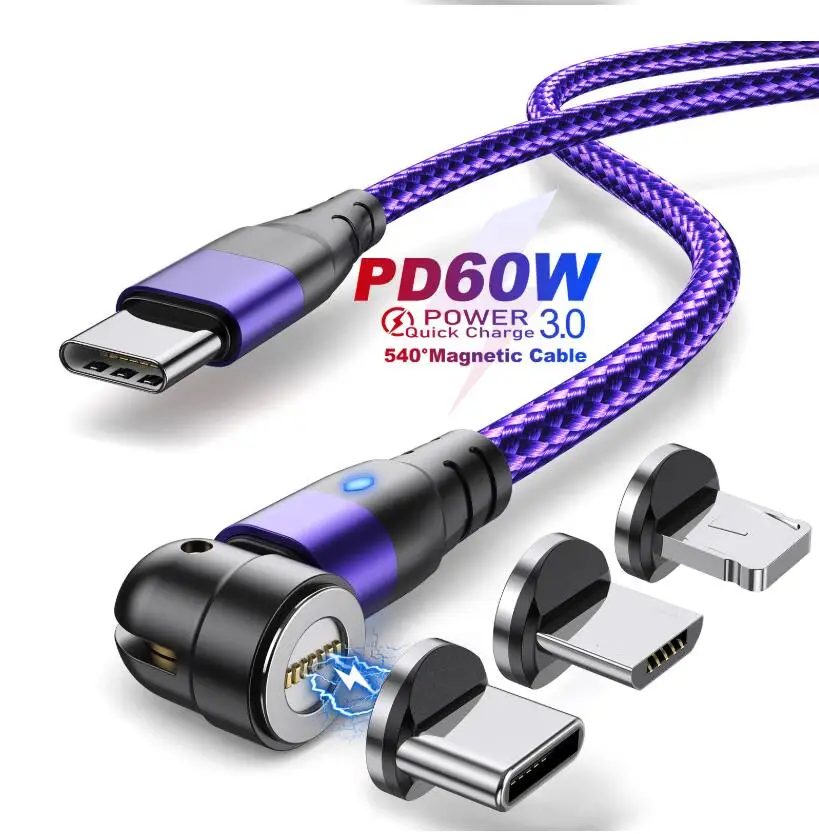 60W PD Fast Charger Cable USB To Type C Micro 540 Magnetic Data Cables For iPhone Charging Wire For Macbook Laptop