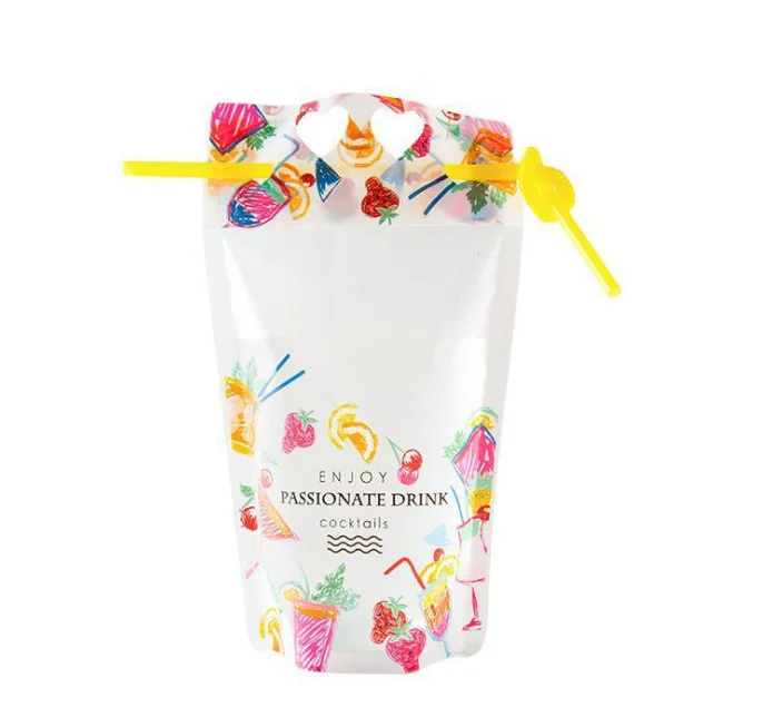Portable takeaway plastic beverage packing bag stand up drink container drink pouches with straw hole
