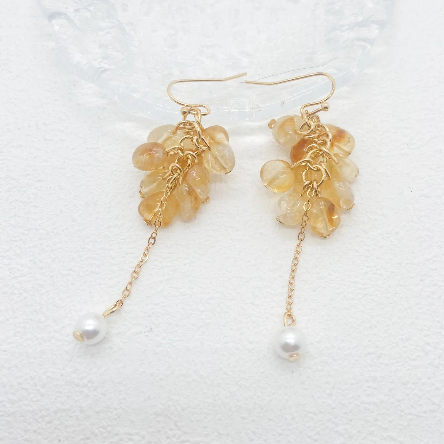 Elegant Mori Style Long Earrings Bauhinia Hand-Made Natural Crystal Amethyst Tassel Gold Plated Fresh Ear Hook Diamond Pearl