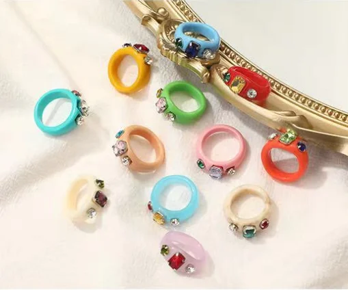 wholesale korean neon resin finger rings fashion geometric women chunky acrylic ring colorful plastic marble rings for girls