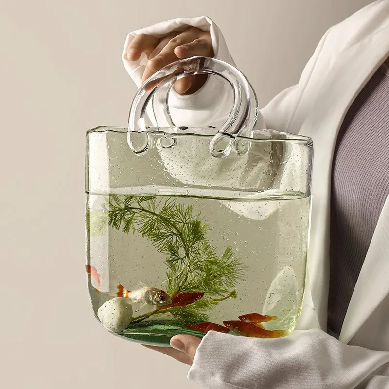 Unique Clear Glass Handbag vase or Fish Bowl with Handle for Home Decor