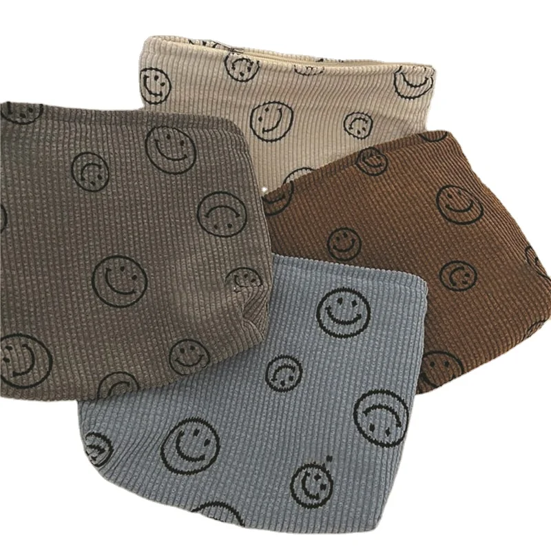 Autumn and Winter Vintage Corduroy Smiling Face Makeup Bag Lipstick Zero Money Bag Large Capacity Portable Storage Bag