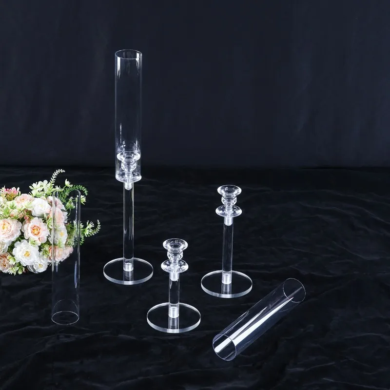 Wholesale 3 in 1 set Clear Table Stemmed Acrylic Tealight Candle Holders Long Stem  Acrylic Candle Holder