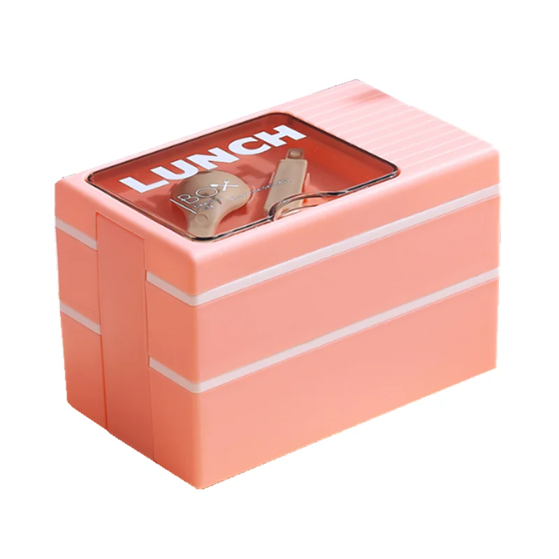 1.2L Stackable Plastic Lunch Box with Side Lock Lid and Spoon, Dual Tiers Double Layers Bento Container