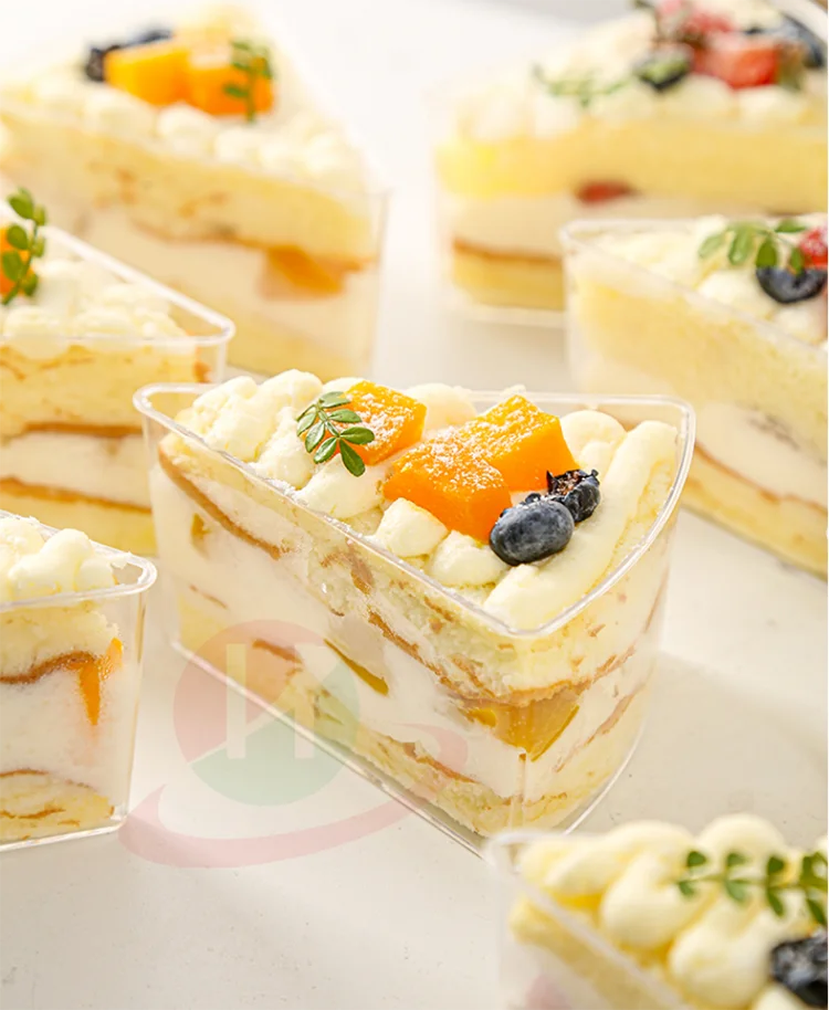 High Quality Arc Triangle Plastic Dessert Ice Cream Cups customized PS Clear Plastic Mousse Cake Pudding Cups