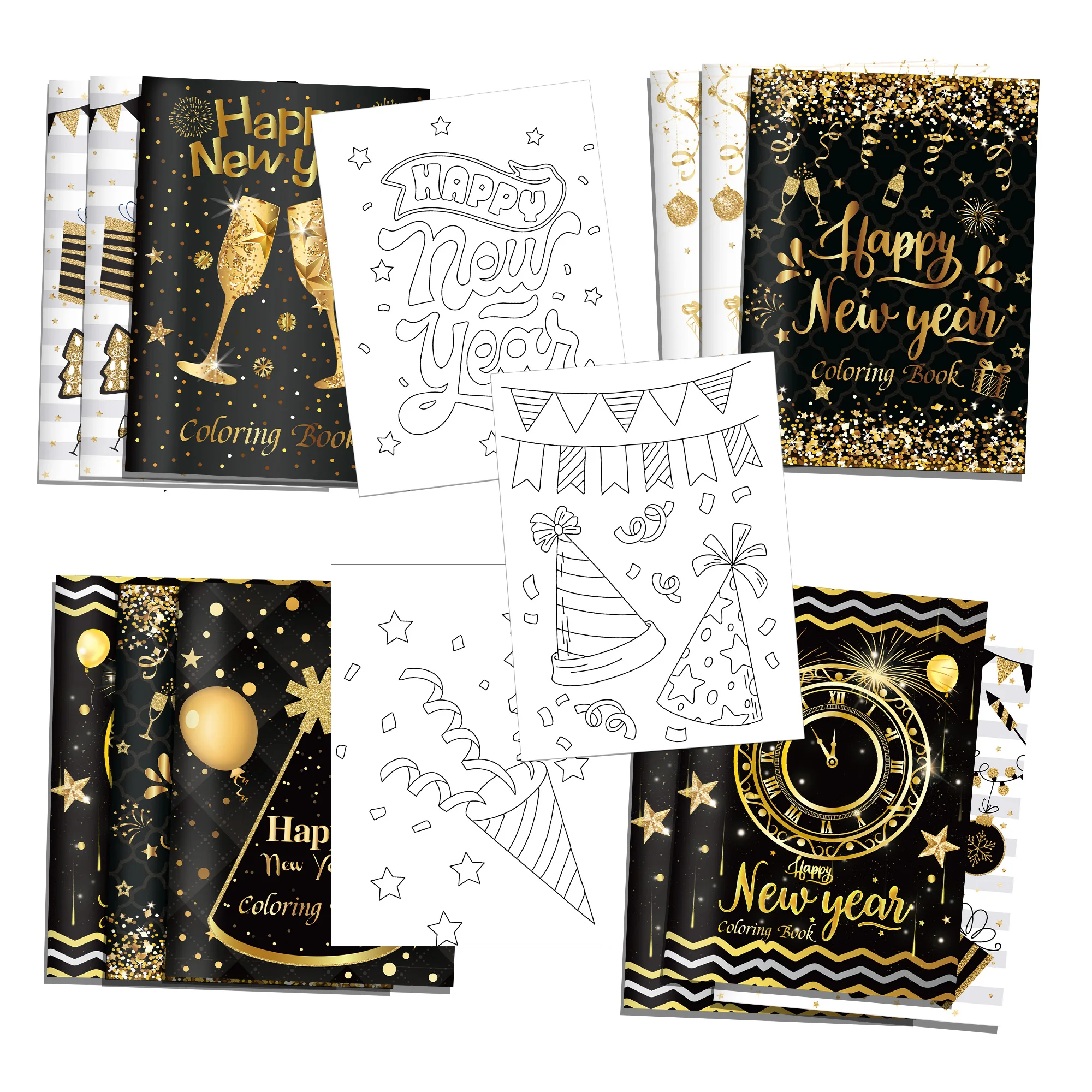 TY061Happy New Year Fireworks Glass Pattern Coloring Books Gold Black Color Fillers DIY Painting Drawing Book for Party Supplies