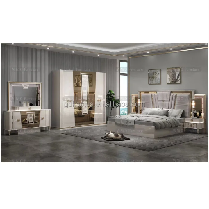 Luxury modern bedroom furniture set  in China mirrored LED lighted modern high gloss complete bedroom sets