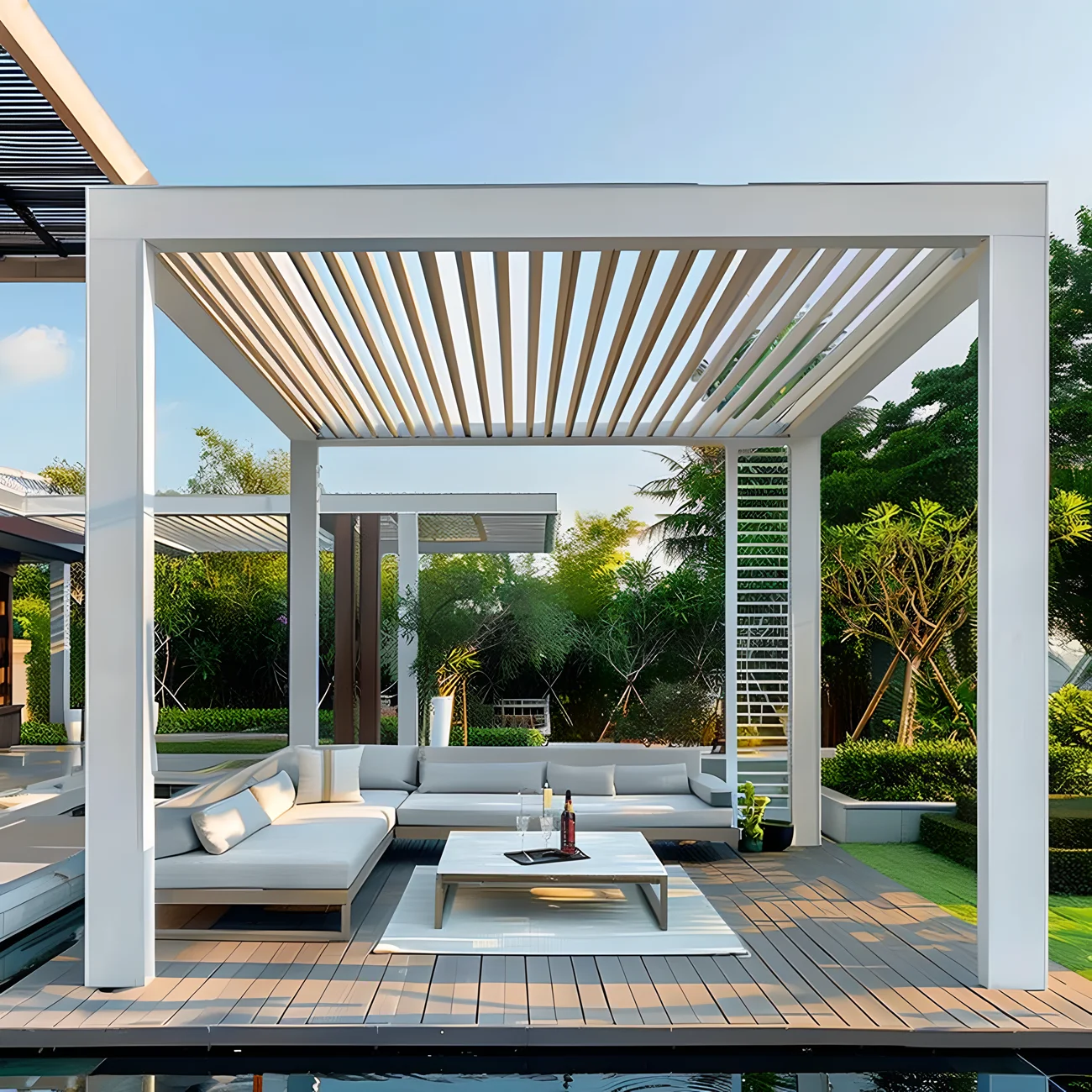 retractable louvered patio corner outdoor pergola gazebo 90 degree brackets attached to house rain cover