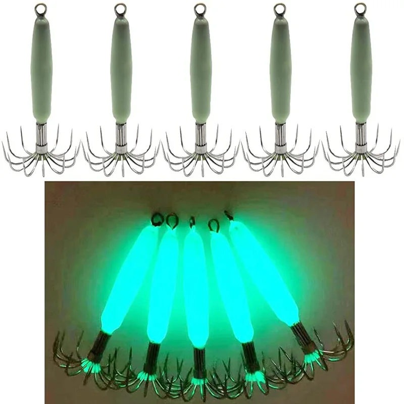 5pcs Luminous Squid Jig Hooks 12 Stainless Steel Needles Fluorescent Fishing Cuttlefish Sleeve Squid Jig Baits Night Fishing