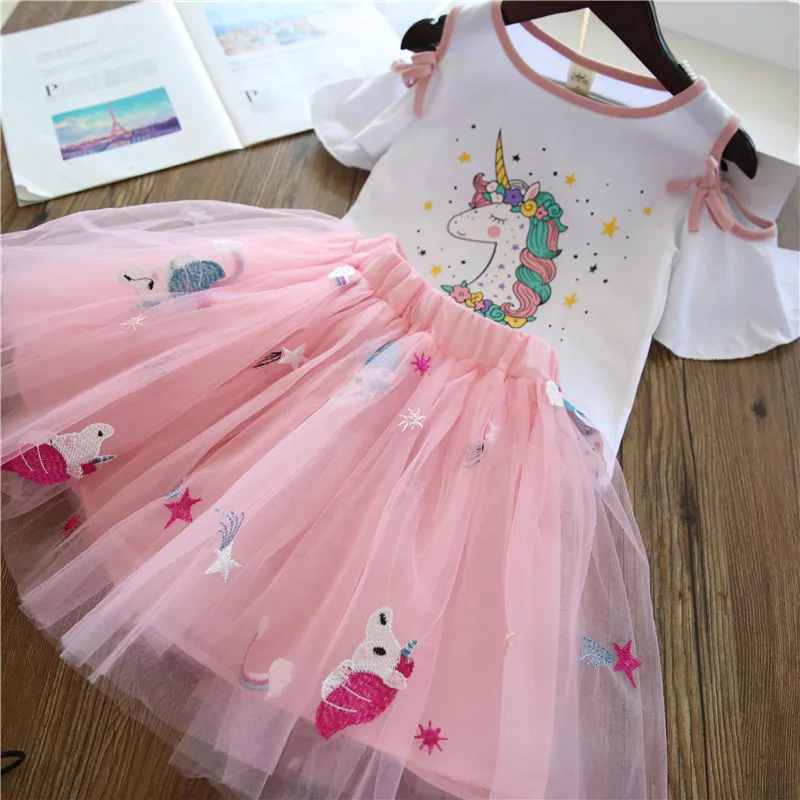 2019 summer hot selling cartoon lace skirt set unicorn baby new fashion 4 year old girls cheap clothes for girl