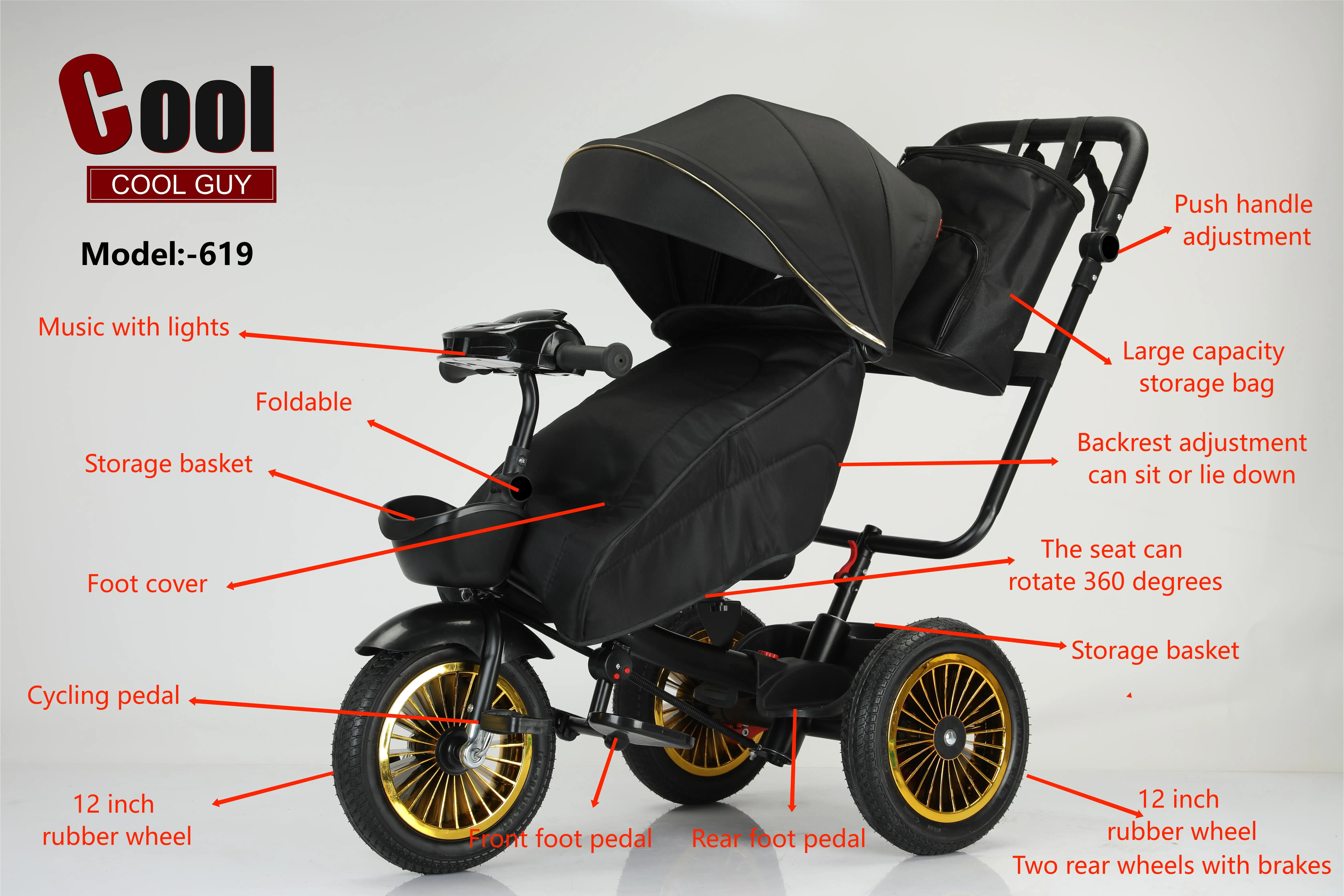 Multifunctional Children Kid Baby Pram Foldable Stroller Bike Kid Tricycle Trike Baby Stroller with light and music comfortable