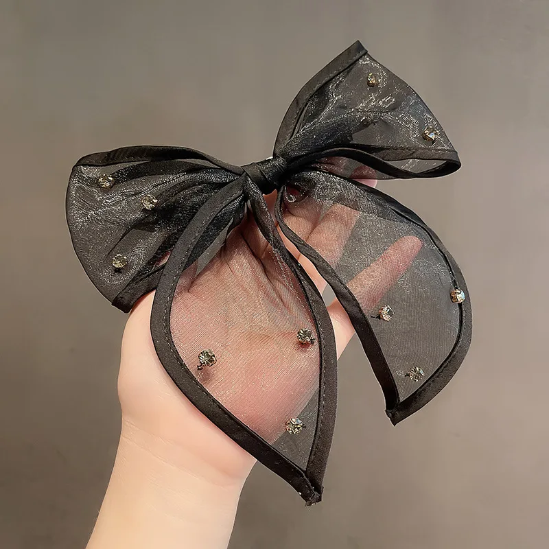 Korean Fashion Accessories Black Color Bow Hair Barrette with Rhinestone Simple Crystal Hair Grips Women French Hair Barrette