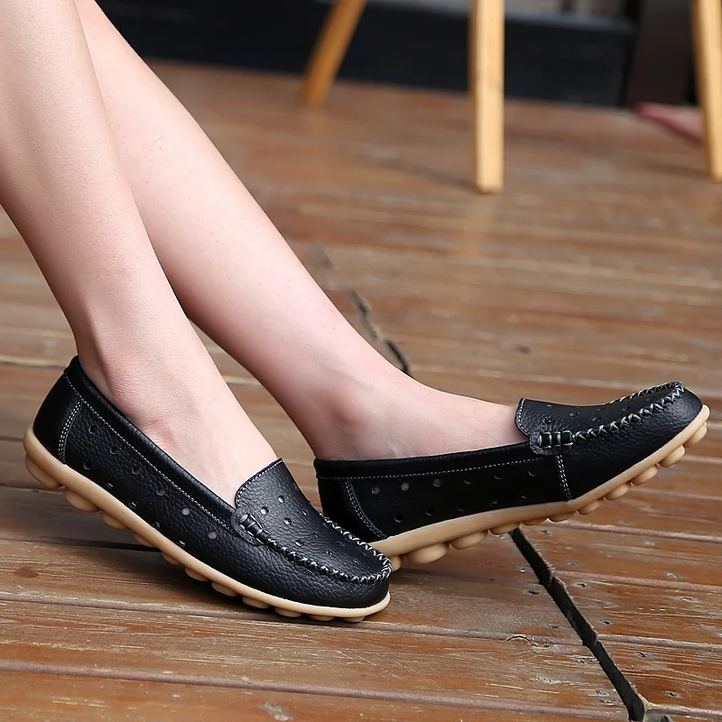 Brand Genuine Leather Shoes Woman Cutout Loafers Slip On Breathable Ballet Flat Ballerina Flats
