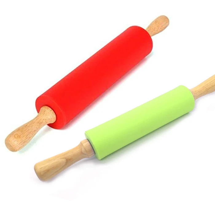 3 Pack Silicone Dough Roller Rolling Pins for Baking Pizza, Cookie Tortilla with Wooden Handle Mini/Middle/Large Size