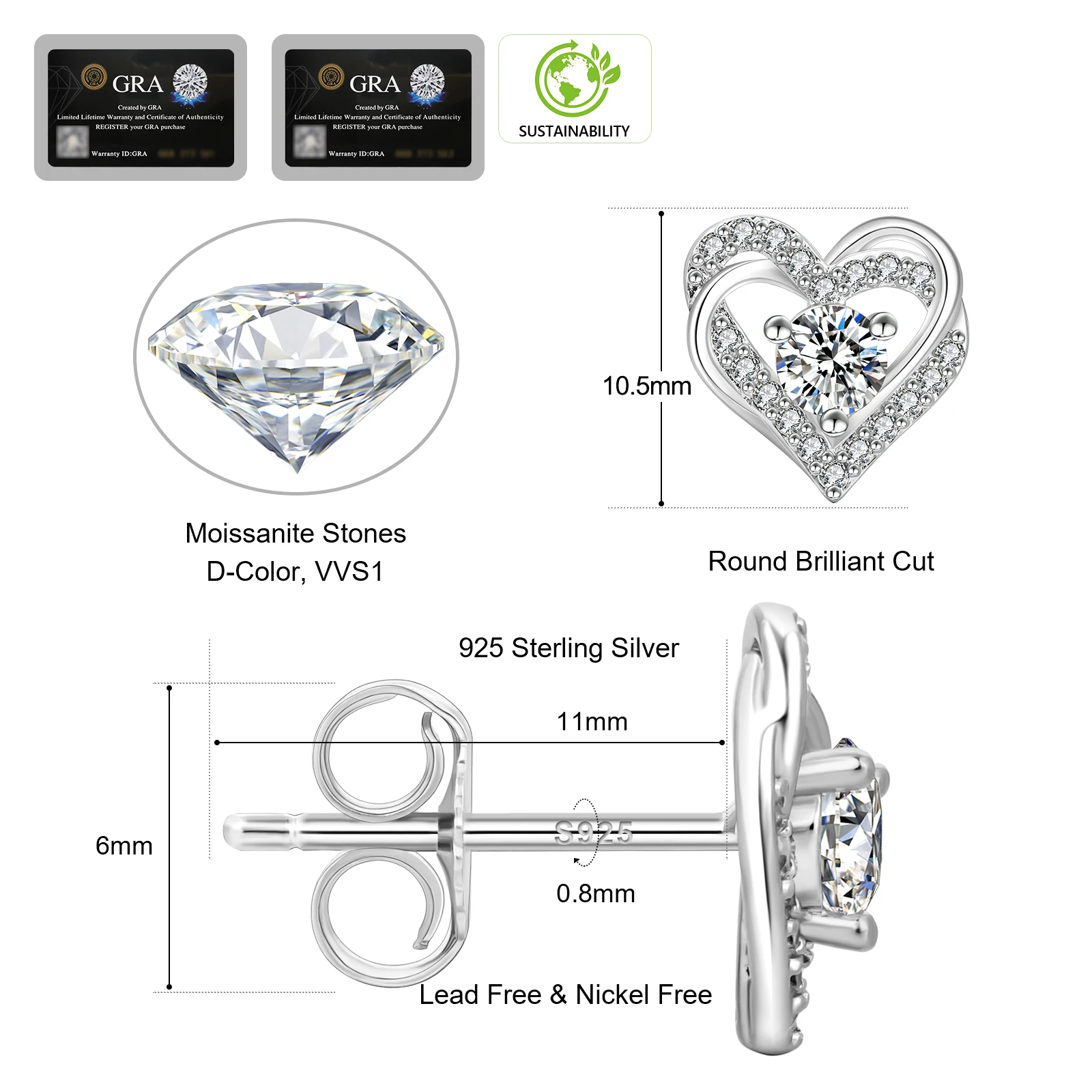 Moissanite Heart Stud VVS1 GRA Lab Created Diamond 925 Sterling Silver 14K White Gold Hypoallergenic Love Earring for Women