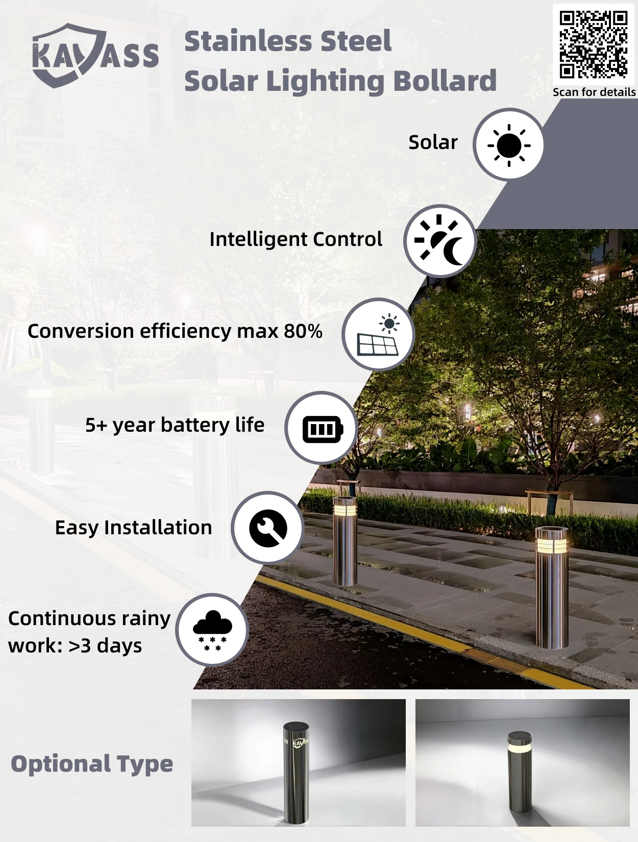 KVS RoHS certificate street High-Performance Solar Pathway led bollard light outdoor bollards stainless steel bollard