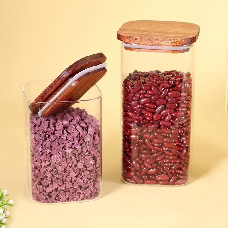 Glass Storage Canister with Acacia Wooden Lid Square Glass Jars , Glass Food Storage Containers for Pasta Coffee Rice