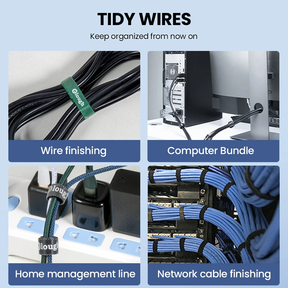 Tidy wire organizer re-sealable nylon cable tie adhesive hook and loop blue cable cord management