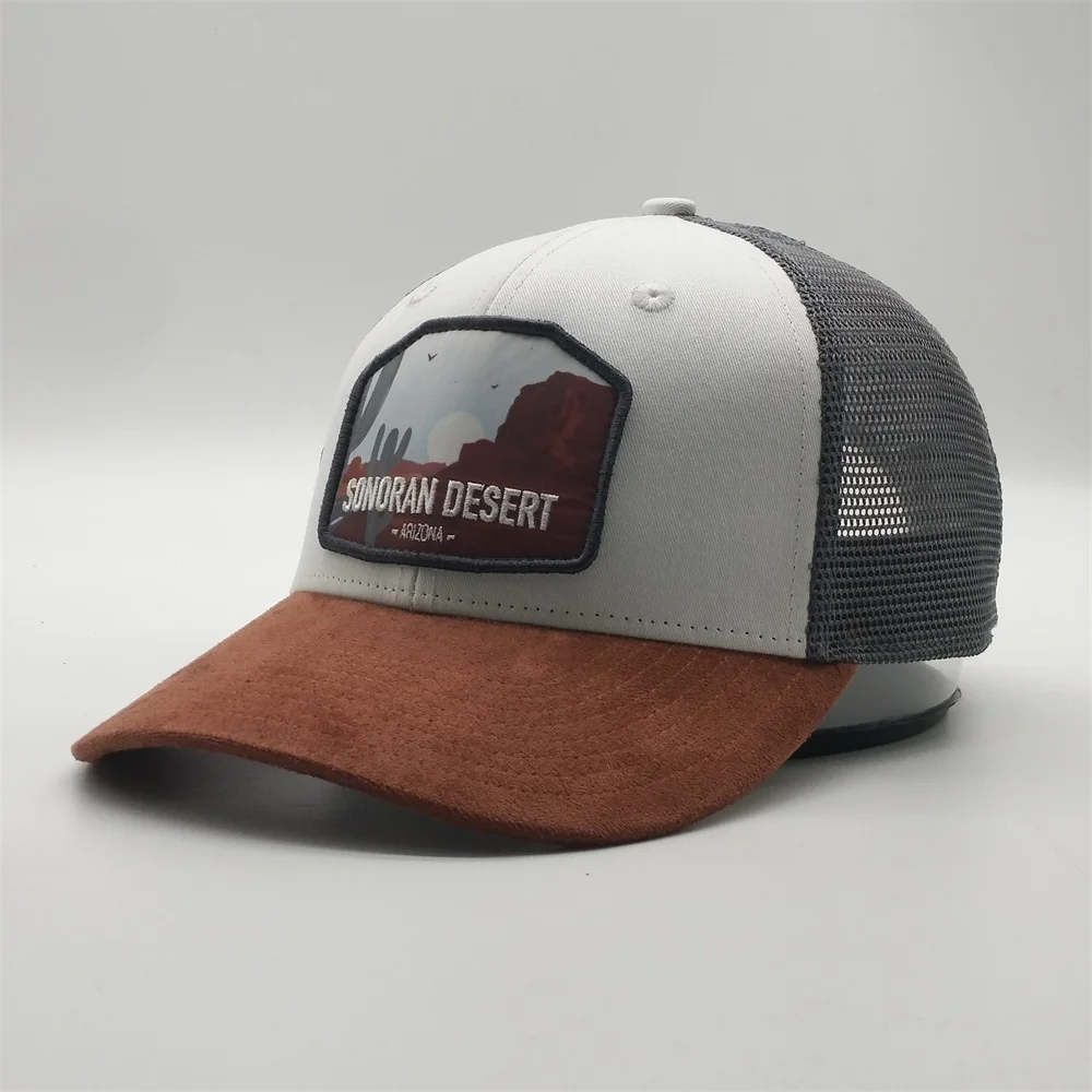 High Quality Mens Printed Embroidery Patch Suede 6 Panel Structured Mesh Trucker Hat Custom