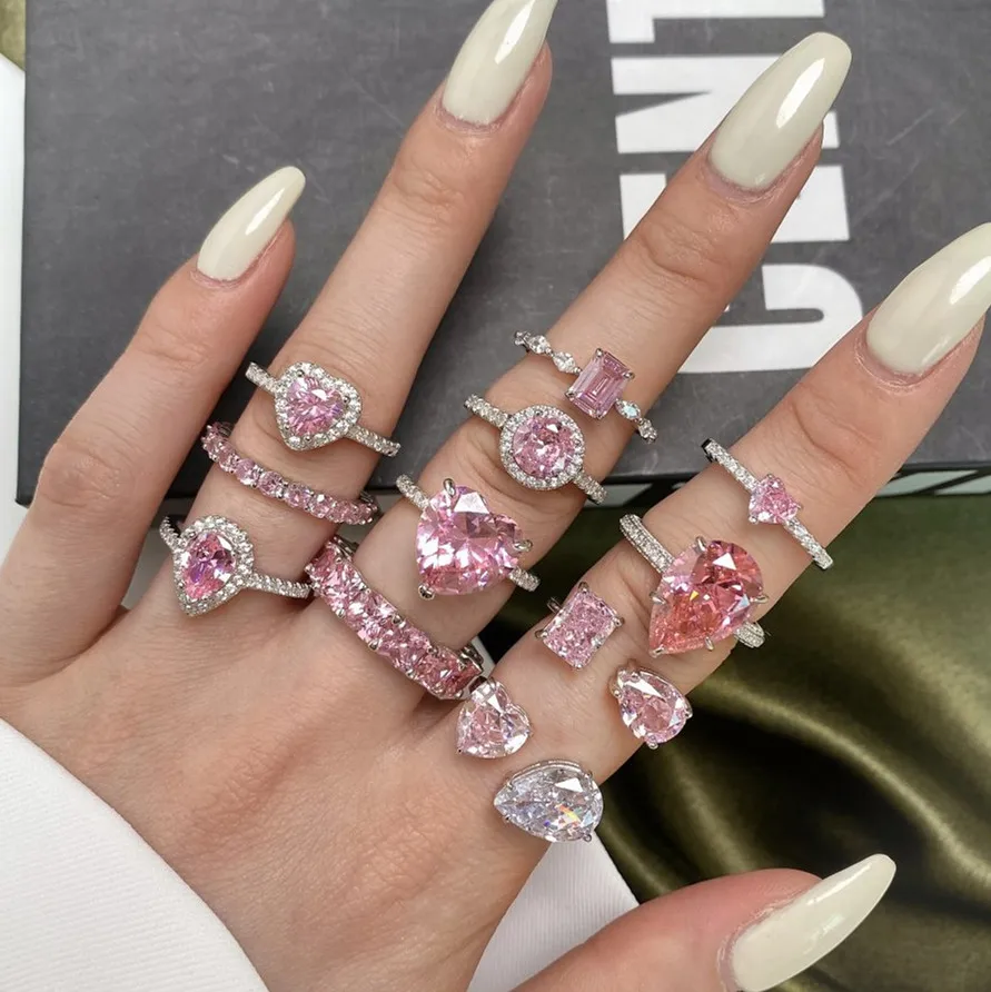 Fine Jewelry 925 Sterling Silver Baguette Pave Setting Pink Yellow Cz Fancy Pink Heart Cubic Zirconia Wedding Ring