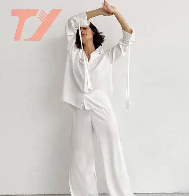 Custom logo Ice snow silk white lengthen shirt pajamas solid color lapel 2 piece suit home autumn sleepwear for women