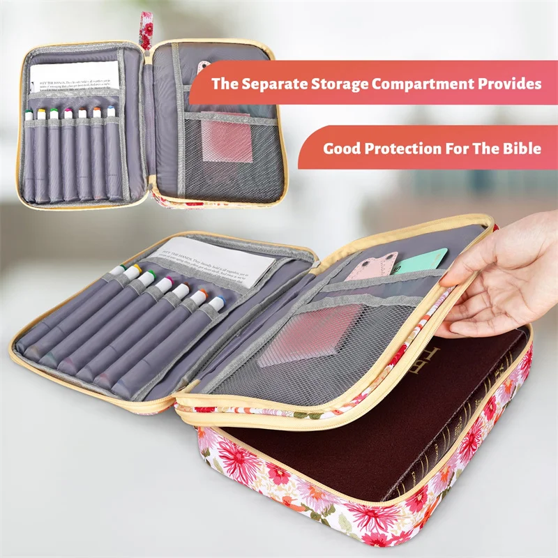 2 Layers Bible Case For Girls Large Floral Bag With Multi-pockets Bible Carrying Case Bible Cover For Women