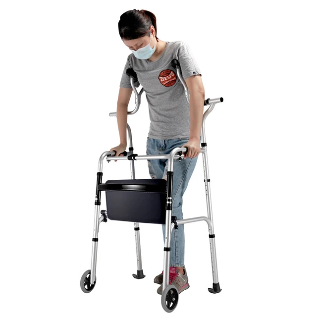Aluminium armpit crutch rehabilitation training walker aid foldable walking stick with seat for the elderly and the disabled