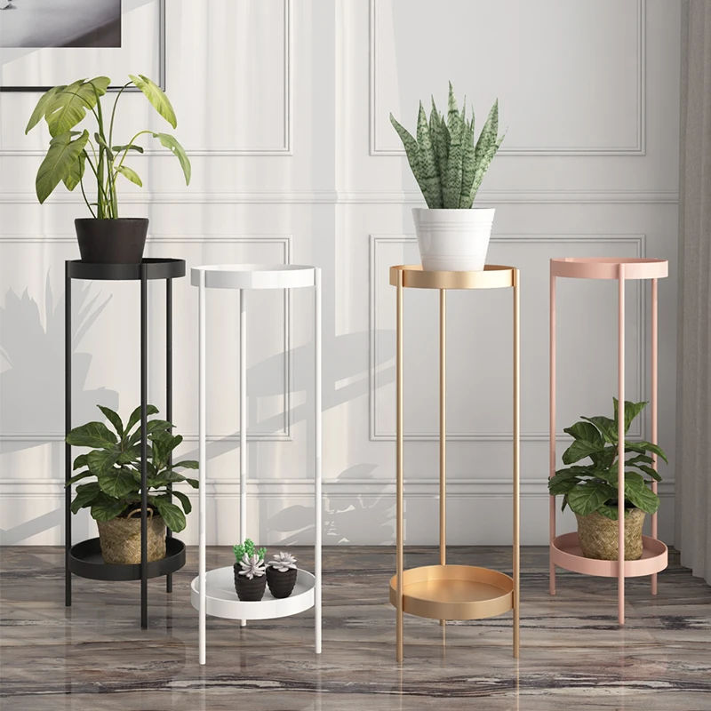 Amazon Hot Sale New 2 Tier Indoor Decoration Iron Holder Designs Planter Pot Shelf Gold Metal Tall Plant Flower Stand