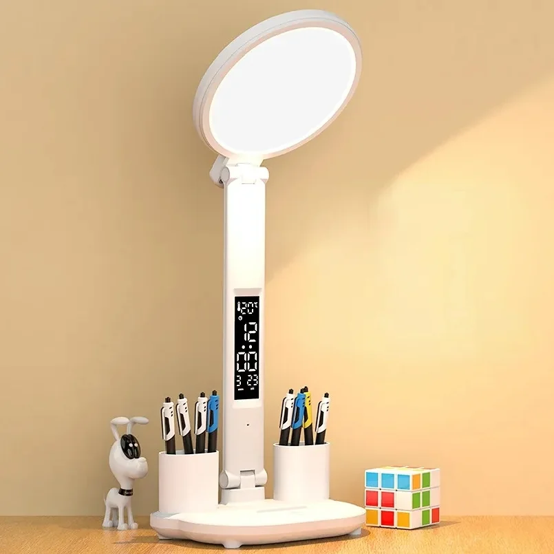 Modern Bedroom Bedside Study Reading Light Foldable Clock Date With 2 Pen Holders Cordless Battery Rechargeable Led Table Lamp