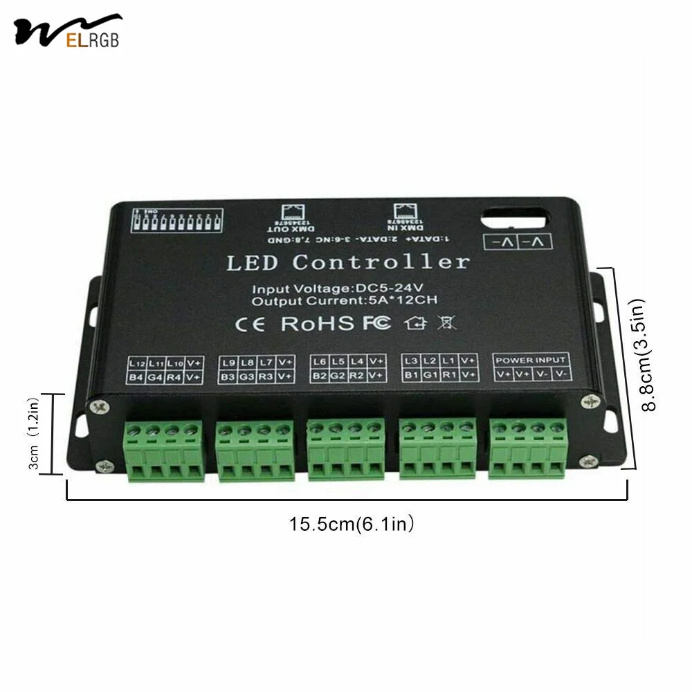 12-канальный DMX декодер RGB Светодиодные полосы контроллер dmx512 диммер драйвер DC5V-24V светодиодный модуль света