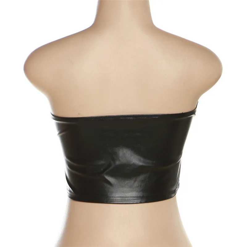 Solid Leather Shiny Sexy Two Pieces Set Women Wrapped Chest Skinny Crop Tops + Pockets Hip Skirt Midnight Clubwear Suit