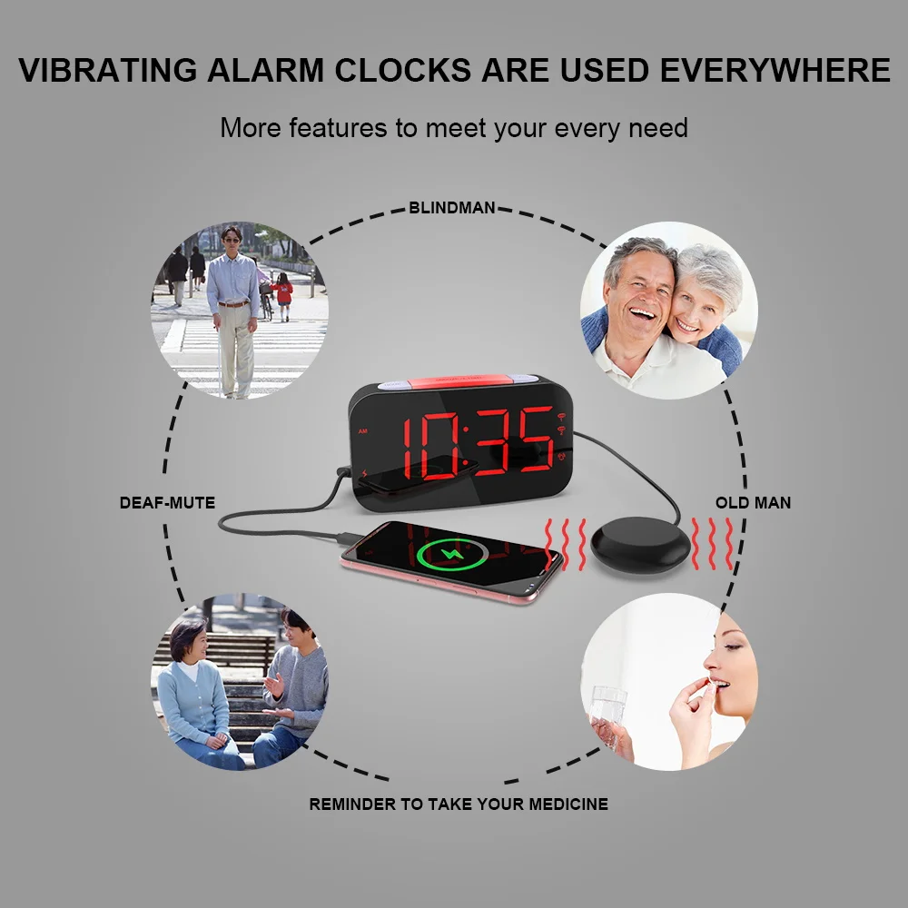 Multifunctional Deaf Alarm Clock Vibrating Clock 2 Usb Charging 7 Colorsunder Pillow Alarm Clock For Us Uk