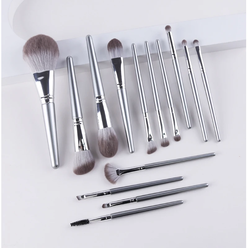 Zoreya High Quality Silver handle makeup brush set 14 pcs  cosmetic brush set silver